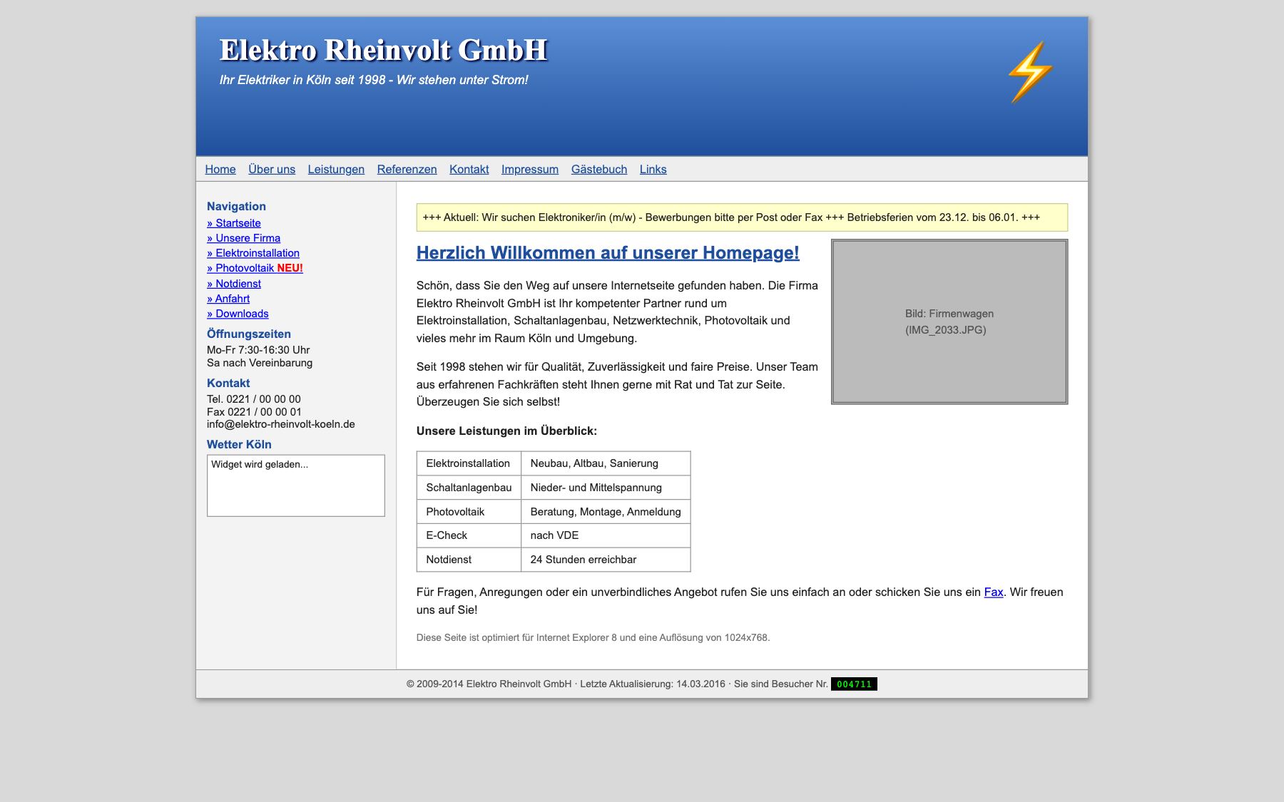 Typische ältere Website eines Elektrobetriebs
